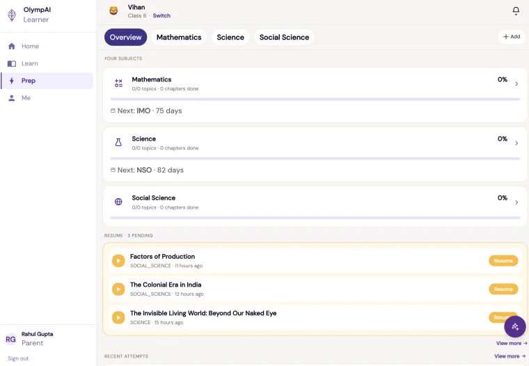 Prep plan overview screen showing scheduled revision topics