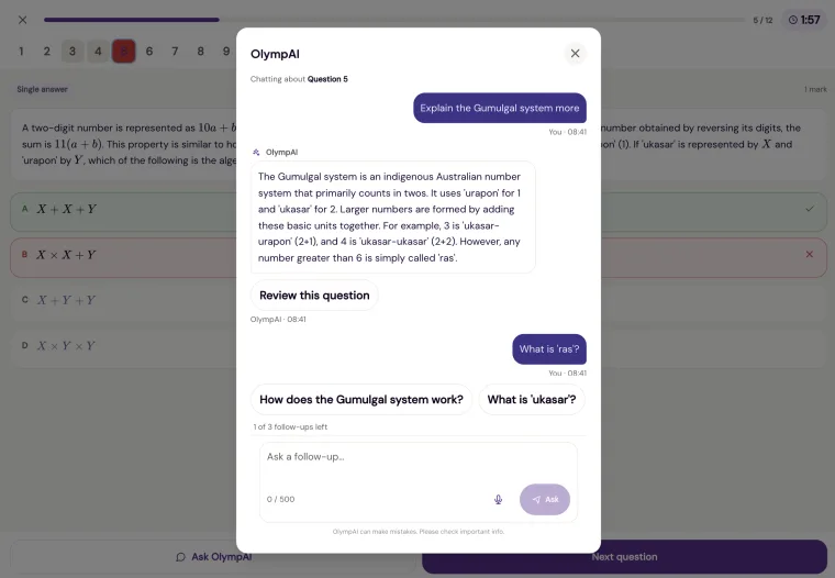 AI Buddy opened from inside an active quiz question